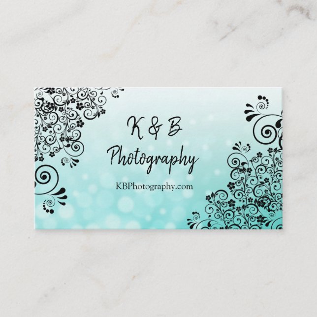 Black and Teal Bubbles Fancy Border  Business Card (Front)