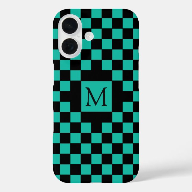 Black and Teal Checkerboard Pattern Monogram Case-Mate iPhone Case (Back)