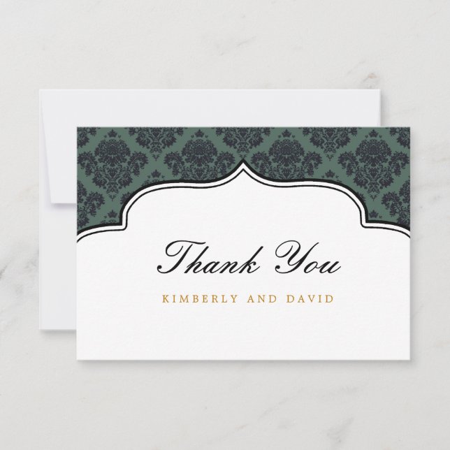 Black and Teal Damask Label Thank You Card (Front)