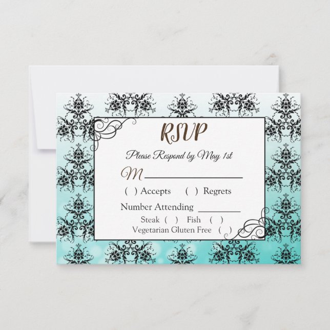Black and Teal Damask Wedding RSVP card (Front)