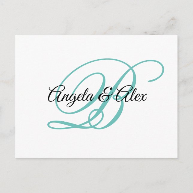 Black and Teal Fancy Calligraphy Script Monogram Postcard (Front)