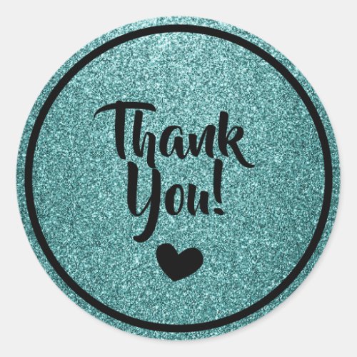 Black and Teal Faux Glitter Thank You Classic Round Sticker