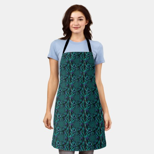 Black and Teal Fractal Art Pattern Apron