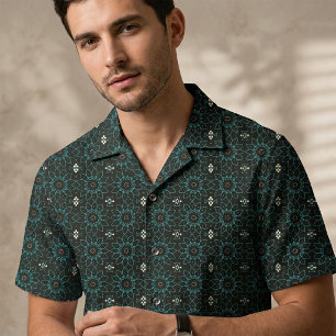 Black and Teal Geometric Boho Floral Mandala Fabric