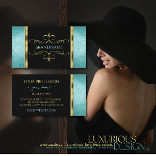 Black and Teal Glitter Gold Border Ornate Decor Business Card