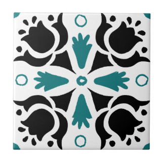 Black and Teal Intricate Floral pattern Ceramic Tile
