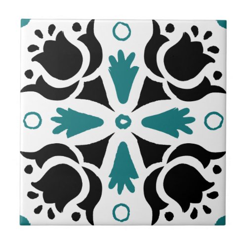 Black and Teal Intricate Floral pattern Ceramic Tile
