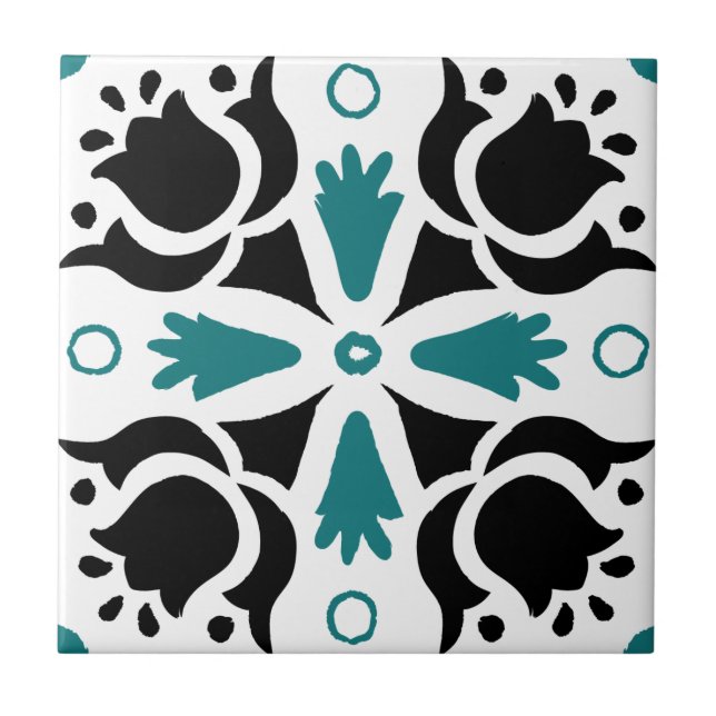 Black and Teal Intricate Floral pattern Ceramic Tile (Front)