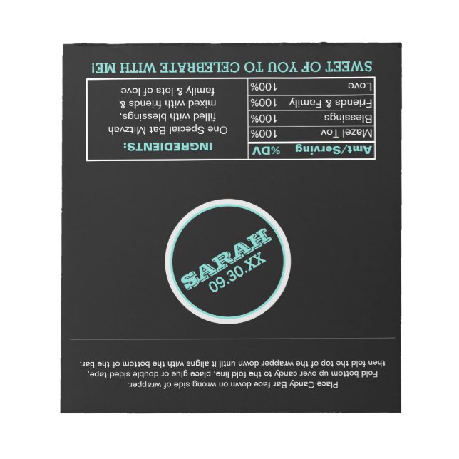 Black and Teal Name Logo Candy Wrappers Notepad (Front)