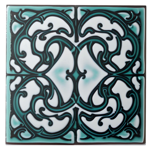 Black and Teal on White Tuscan Style Ceramic Tile (Front)