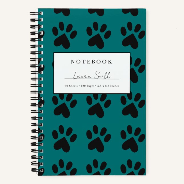 Black And Teal Paw Print Personalized Notebook (Front)