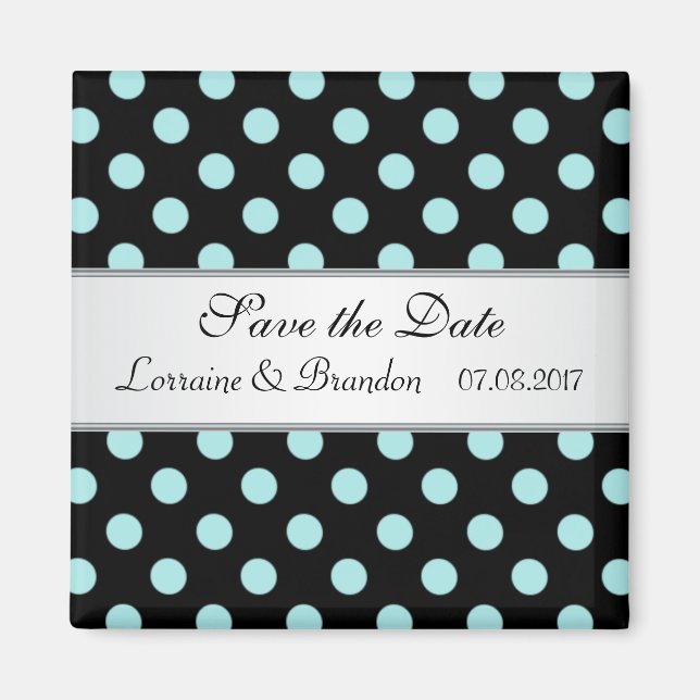 Black and teal Polka dots Wedding Save the Date Magnet (Front)