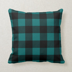 Black and Teal Preppy Buffalo Check Plaid Throw Pillow