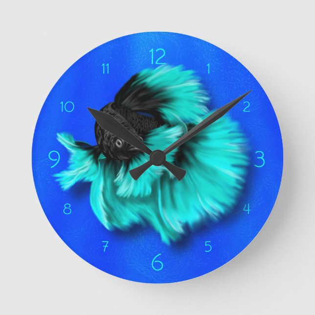 Black and Teal Siamese Fighting Fish Round Clock (Front)