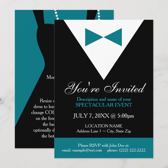 Black and Teal Tuxedo Formal Invitation, Modern Invitation (Front/Back)