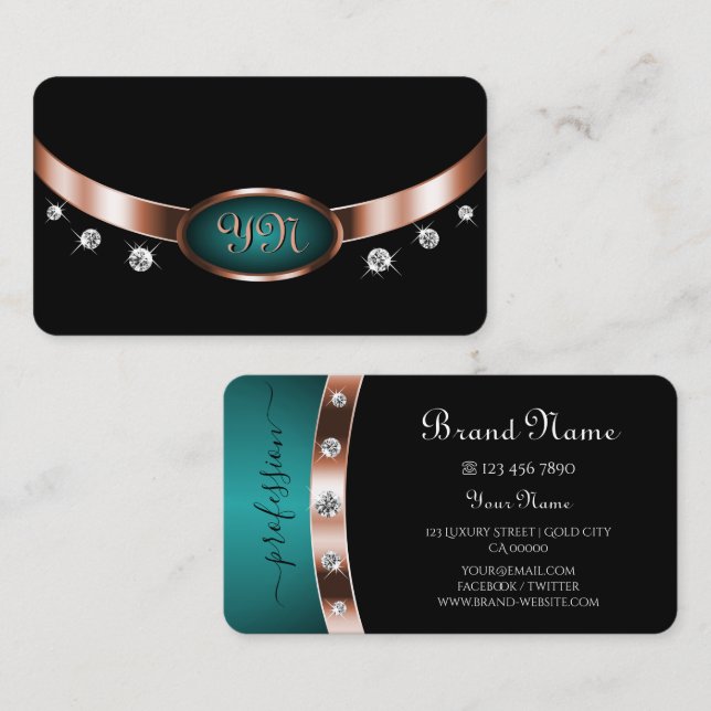 Black and Teal with Ornate Rose Gold Monogrammed Business Card (Front/Back)