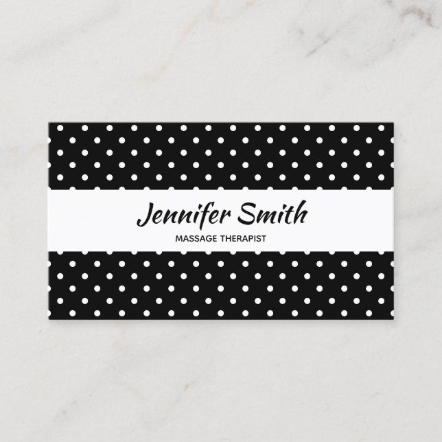Black and Tiny White Polka Dot Massage Therapist Business Card (Front)