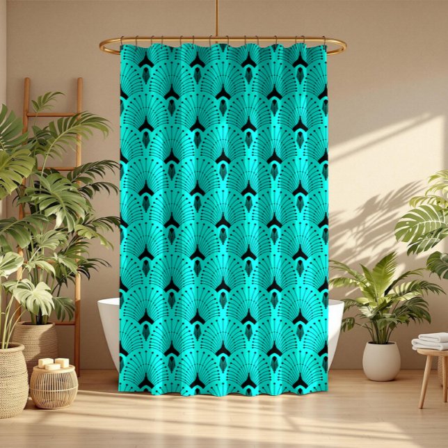 Black and turquoise art deco seamless pattern shower curtain (Creator Uploaded)