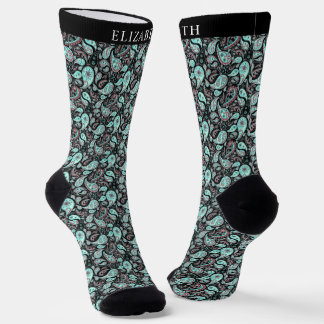 Black and Turquoise Blue Color Paisley Pattern Socks