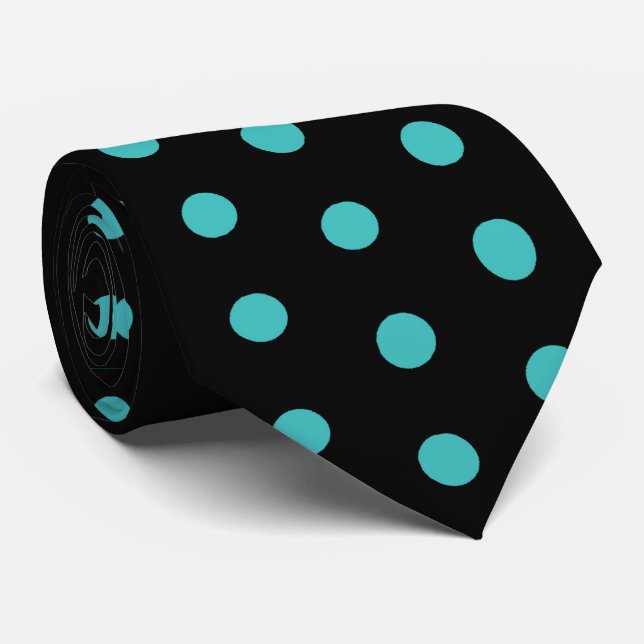 Black and Turquoise Blue Polka dots Pattern Neck Tie (Rolled)
