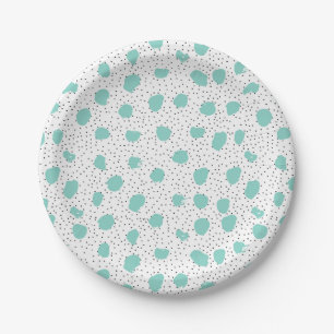 Black and Turquoise Brush Dots Abstract Pattern Paper Plates