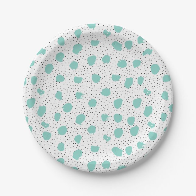 Black and Turquoise Brush Dots Abstract Pattern Paper Plates (Front)