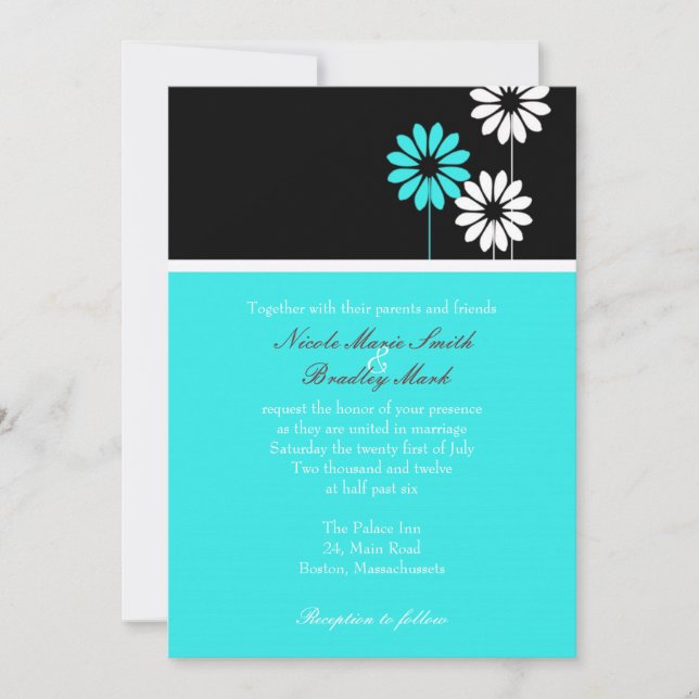 Black and Turquoise Daisy Wedding Invitation (Front)