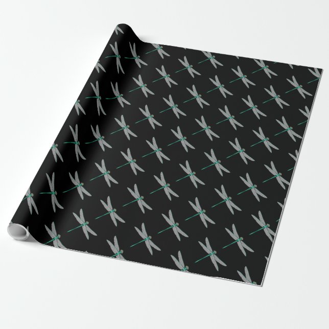 Black and Turquoise Dragonfly Wrapping Paper (Unrolled)