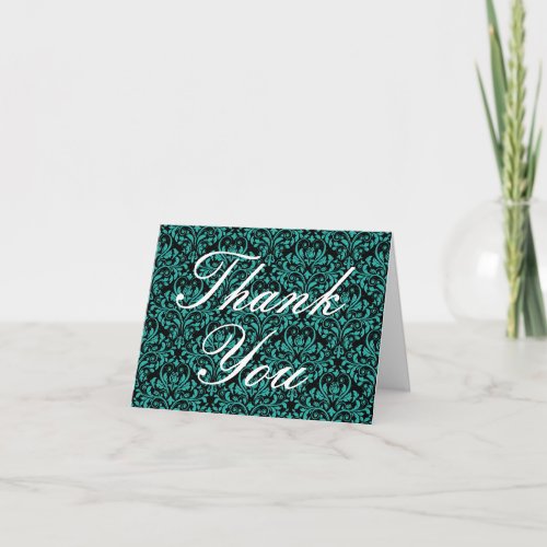 Black and Turquoise Floral Damask Thank You Card