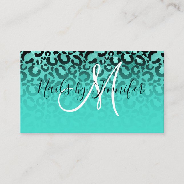 Black and Turquoise Glamorous Leopard Spots Business Card (Front)