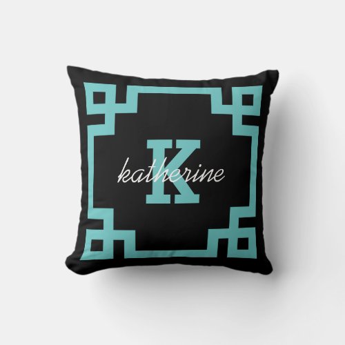 Black and Turquoise Greek Key Border Monogram Throw Pillow