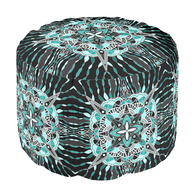 Black and Turquoise Mandala Pouf (Angled Front)