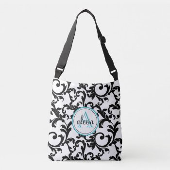 Black And Turquoise Monogrammed Damask Crossbody Bag by Letsrendevoo at Zazzle