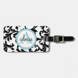 Black And Turquoise Monogrammed Damask Print Luggage Tag at Zazzle