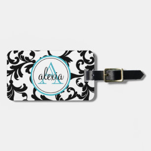 Black and Turquoise Monogrammed Damask Print Luggage Tag