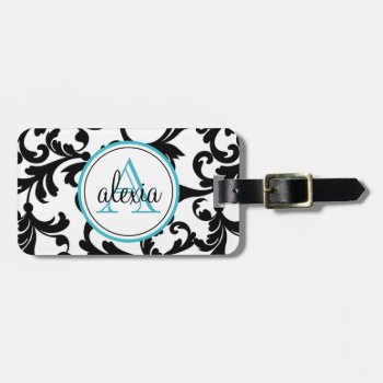 Black And Turquoise Monogrammed Damask Print Luggage Tag by Letsrendevoo at Zazzle