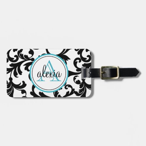 Black and Turquoise Monogrammed Damask Print Luggage Tag