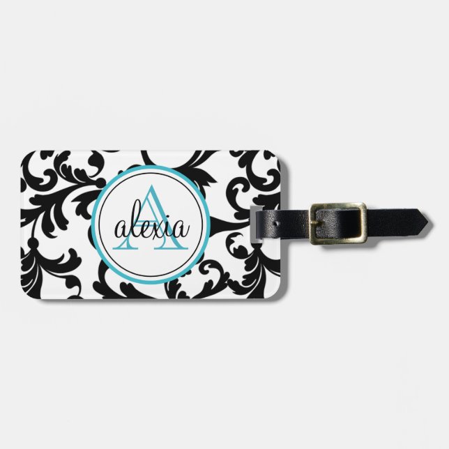 Black and Turquoise Monogrammed Damask Print Luggage Tag (Front Horizontal)