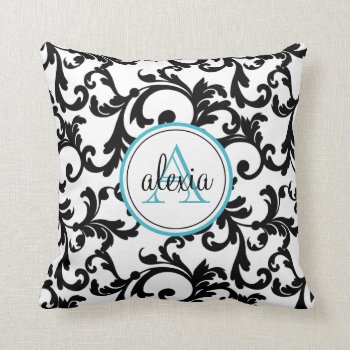 Black And Turquoise Monogrammed Damask Print Throw Pillow by Letsrendevoo at Zazzle
