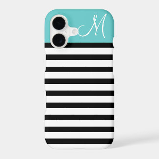 Black and Turquoise Preppy Stripes Custom Monogram iPhone 17 Case