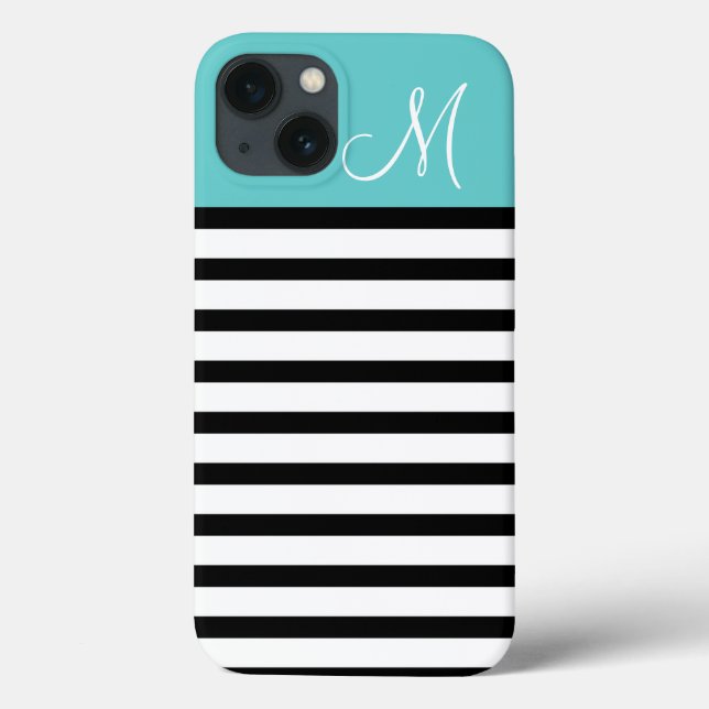 Black and Turquoise Preppy Stripes Custom Monogram Case-Mate iPhone Case (Back)