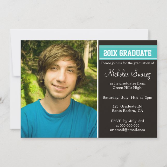Black and Turquoise Teal graduation announcement (Front)