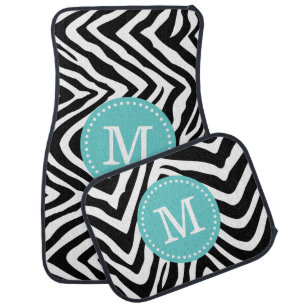 Black and Turquoise Zebra Print Custom Monogram Car Mat