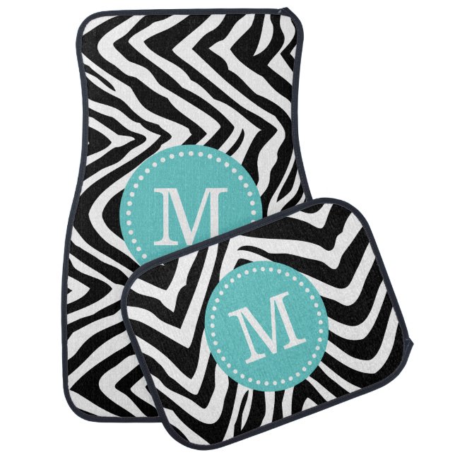 Black and Turquoise Zebra Print Custom Monogram Car Mat (Set)