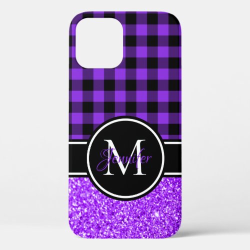 Black and Violet Glitter Buffalo Plaid Monogram iPhone 12 Case