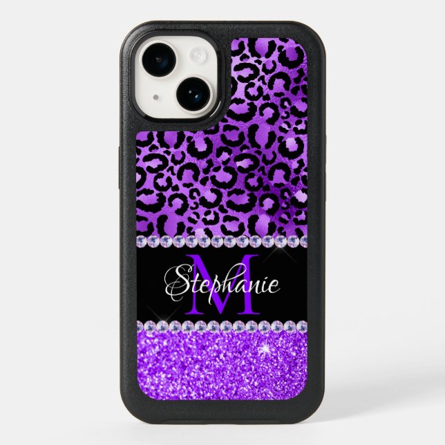 Black and Violet Leopard Girly Glam Monogram Otterbox iPhone Case (Back)