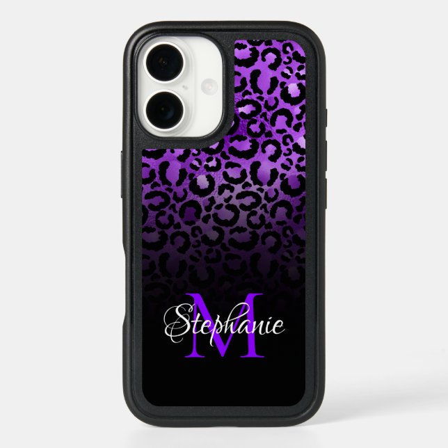 Black and Violet Leopard Girly Ombre Monogram Otterbox iPhone Case (Back)