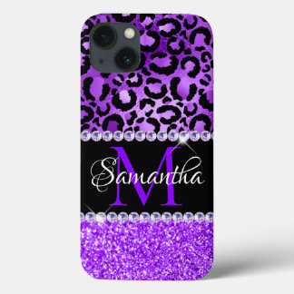 Black and Violet Leopard Spots Glam Monogram iPhone 13 Case