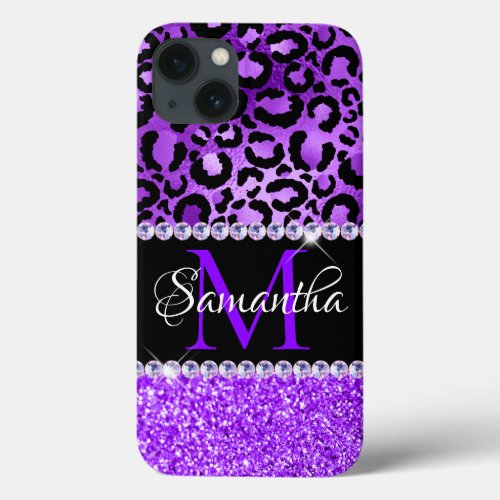 Black and Violet Leopard Spots Glam Monogram iPhone 13 Case