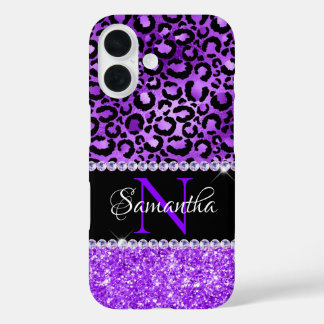 Black and Violet Leopard Spots Glam Monogram iPhone 16 Case
